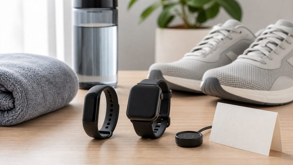 wearable fitness trackers for beginners arranged in a practical buyer guide scene