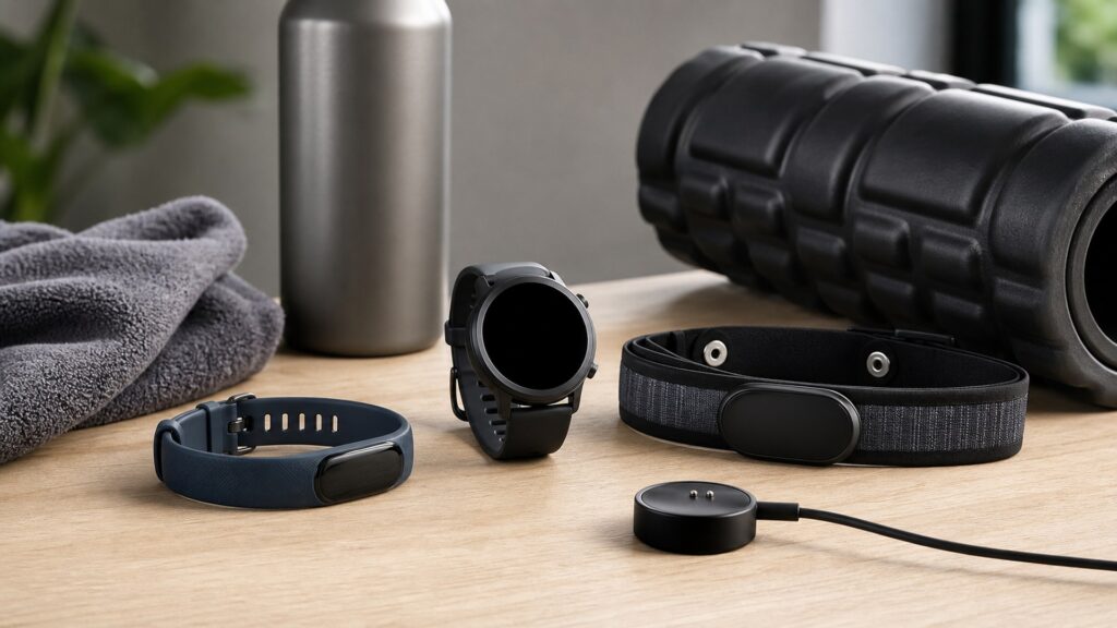 wearable fitness trackers for recovery tracking arranged in a practical buyer guide scene