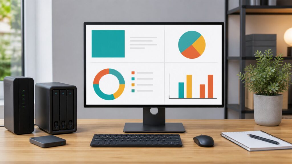 unbranded web hosting operations desk with blank performance screens, compact server gateway, backup drive, network cables, and deployment checklist blocks for a domain management buying decision