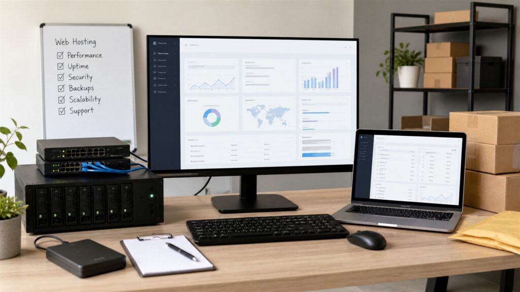 unbranded web hosting operations desk with blank performance screens, compact server gateway, backup drive, network cables, and deployment checklist blocks for a online stores buying decision