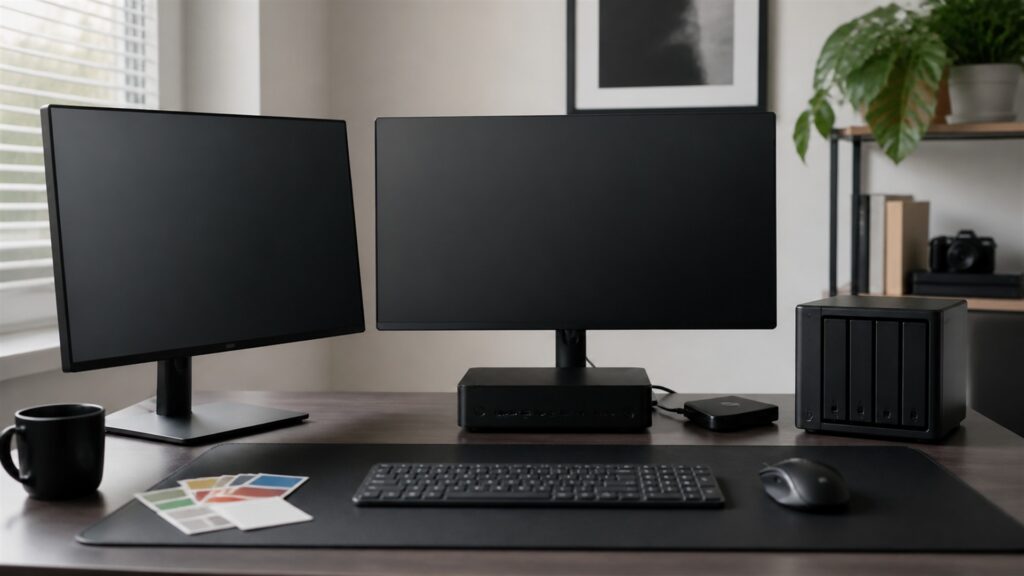 unbranded web hosting operations desk with blank performance screens, compact server gateway, backup drive, network cables, and deployment checklist blocks for a scaling brands buying decision