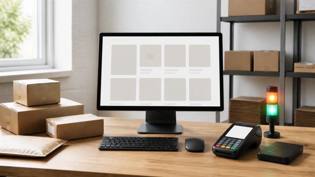 website owner and technical advisor evaluating an unbranded website hosting setup on blank-screen computers for a ecommerce stores buying decision