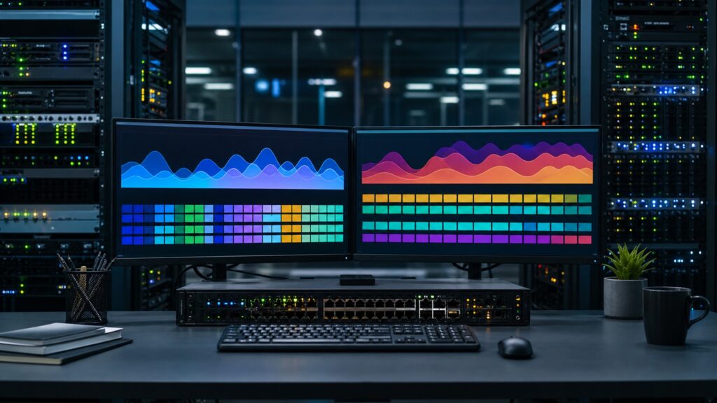website owner and technical advisor evaluating an unbranded website hosting setup on blank-screen computers for a high-traffic websites buying decision