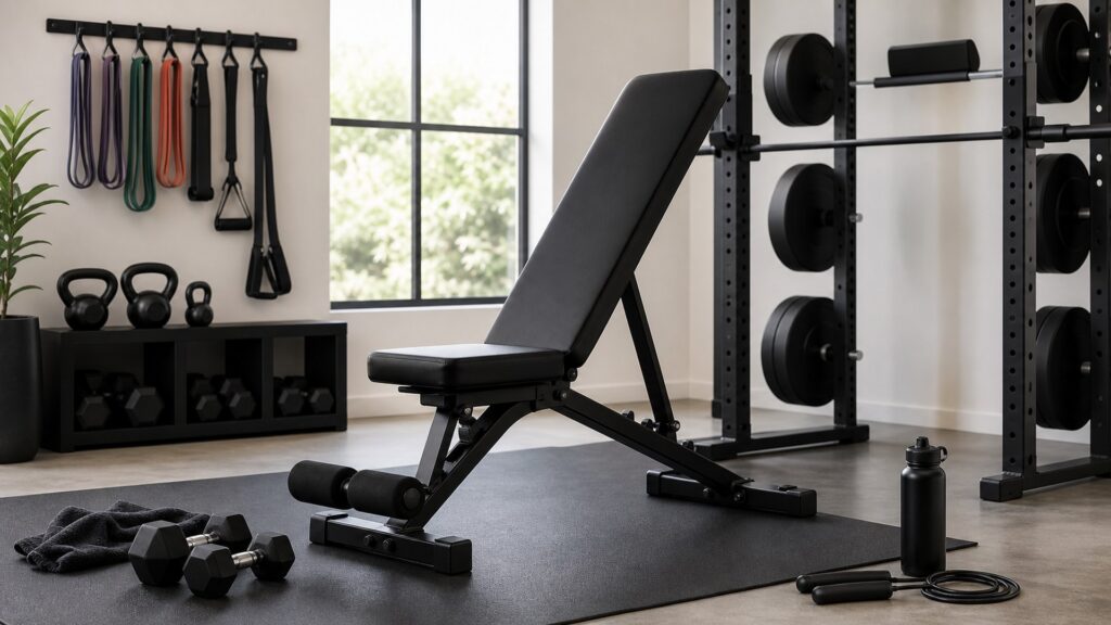 weight benches for full-body training arranged in a practical buyer guide scene