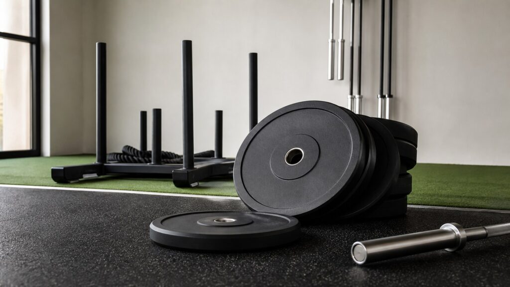 weight plates for functional training arranged in a practical buyer guide scene