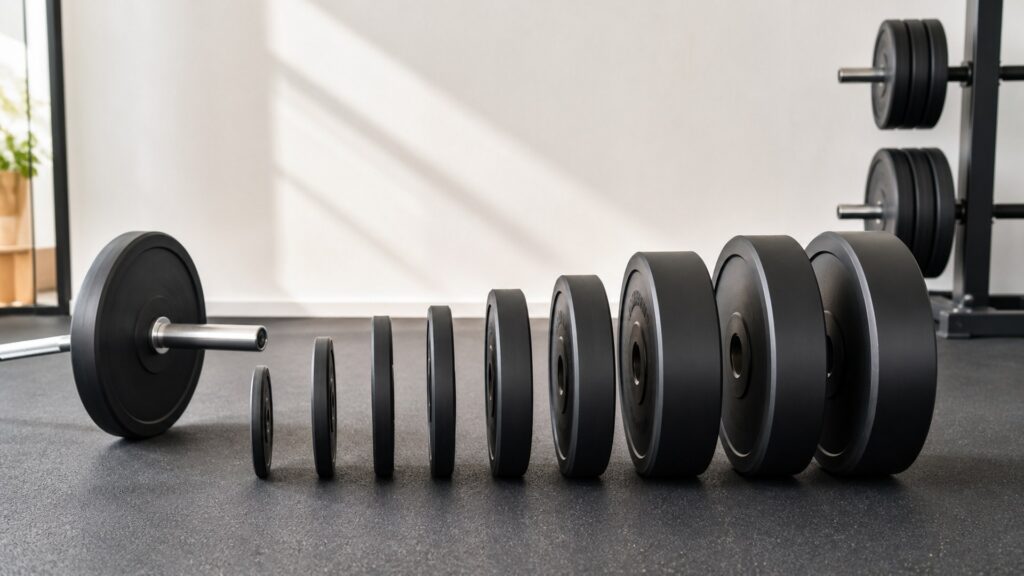 weight plates for progressive overload arranged in a practical buyer guide scene