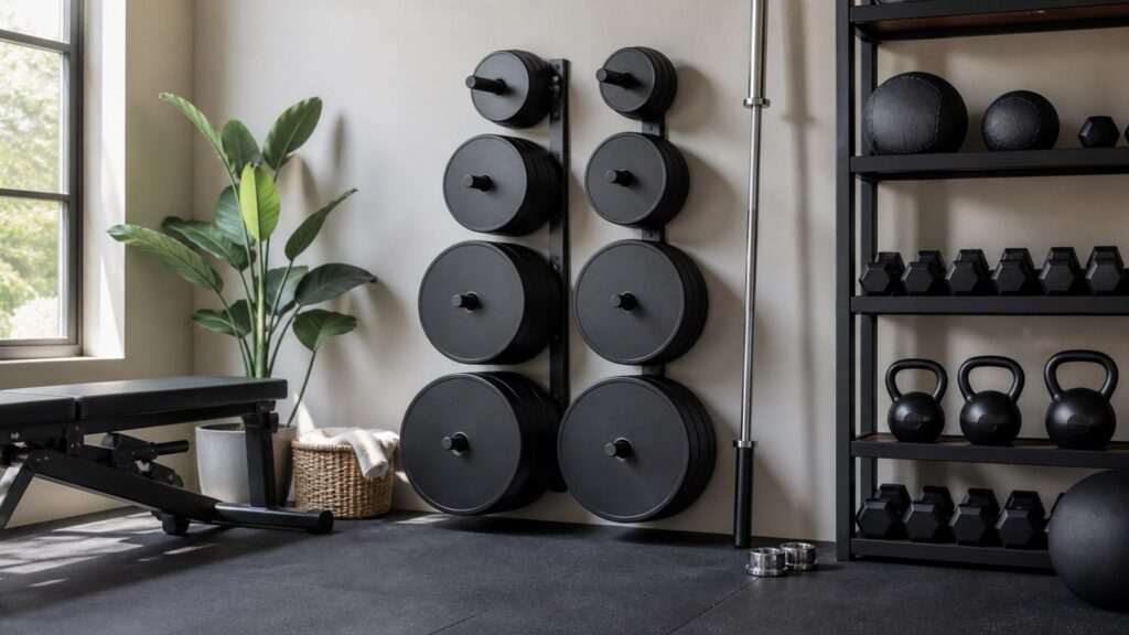 weight plates for storage planning arranged in a practical buyer guide scene