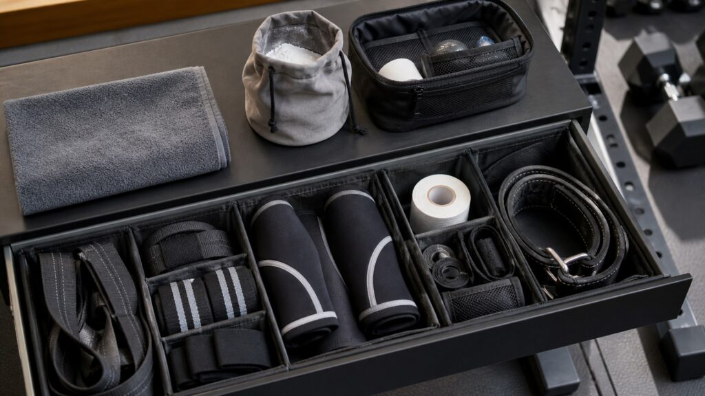 weightlifting accessories for organization arranged in a practical buyer guide scene