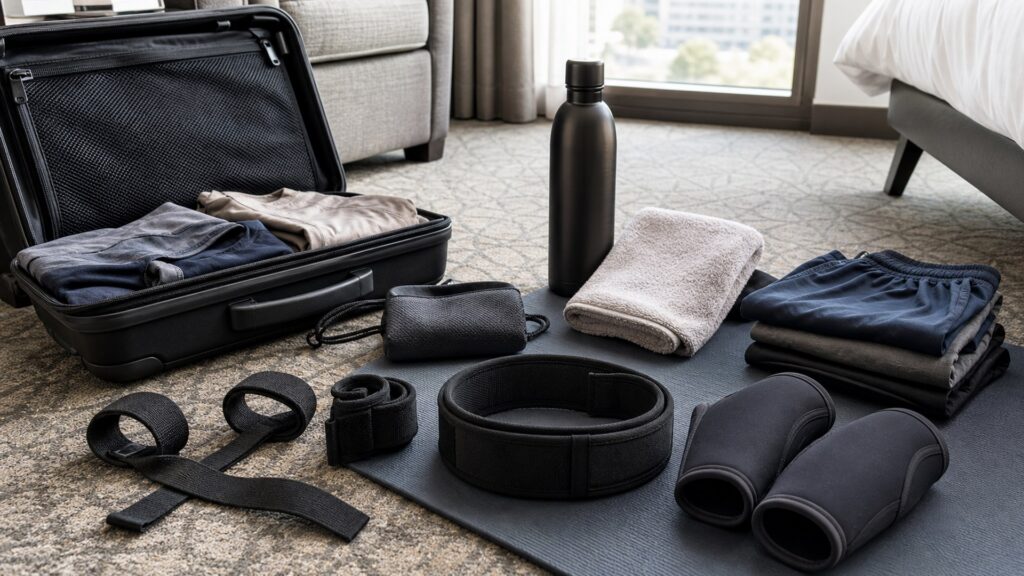 weightlifting accessories for travel gyms arranged in a practical buyer guide scene