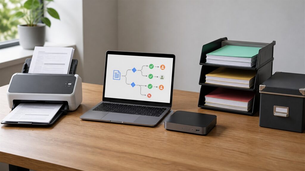 unbranded workflow automation desk with two blank monitors showing abstract connected nodes, router, process cards, and operations notebook for a document workflows buying decision