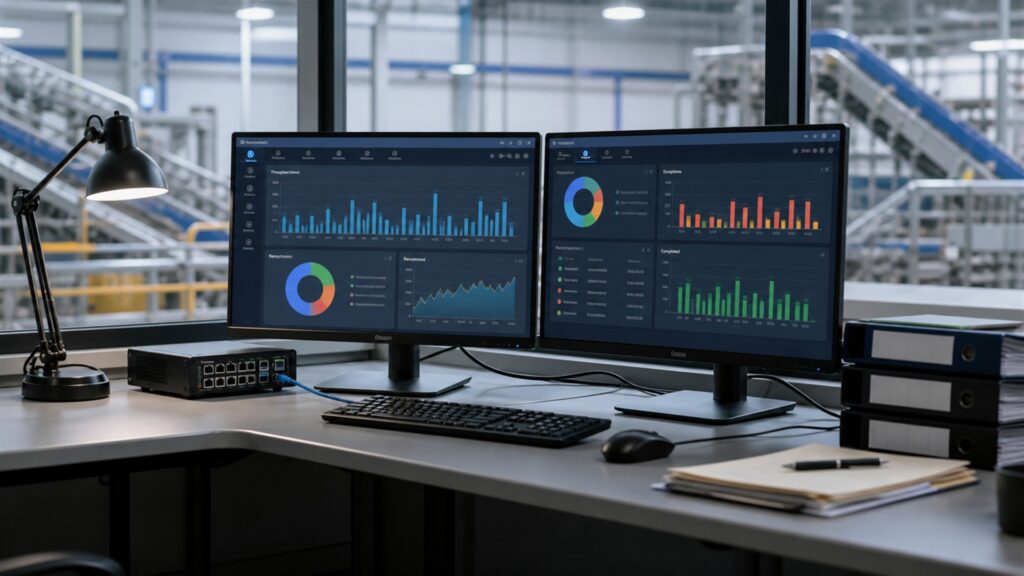 unbranded workflow automation desk with two blank monitors showing abstract connected nodes, router, process cards, and operations notebook for a operational reporting buying decision