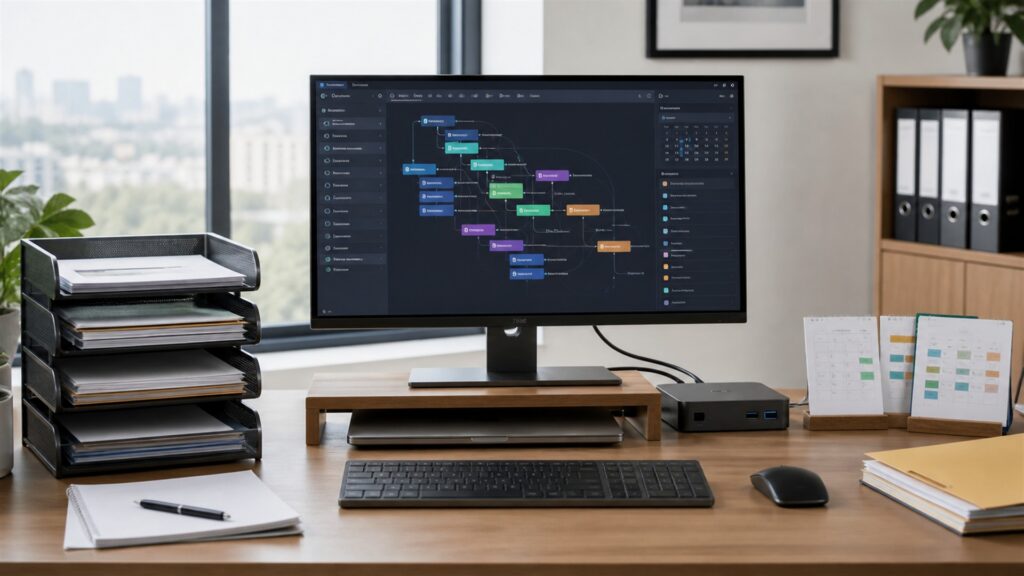 unbranded workflow automation desk with two blank monitors showing abstract connected nodes, router, process cards, and operations notebook for a project delivery buying decision