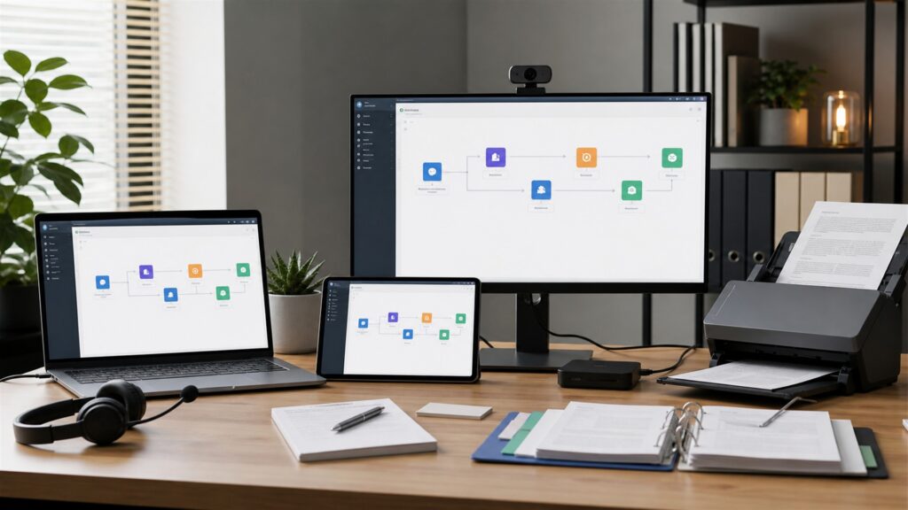 unbranded workflow automation desk with two blank monitors showing abstract connected nodes, router, process cards, and operations notebook for a remote collaboration buying decision