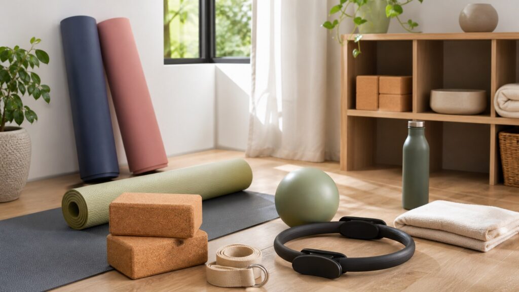 yoga and Pilates equipment for daily practice arranged in a practical buyer guide scene