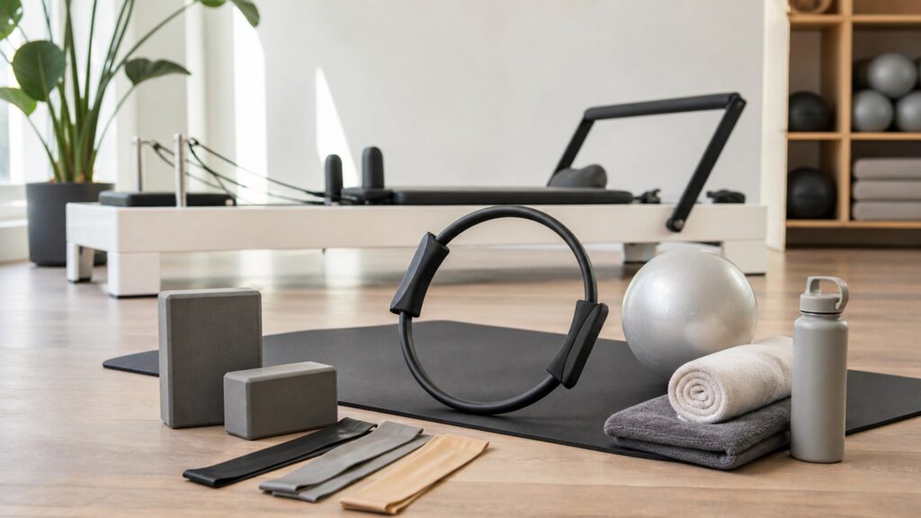 yoga and Pilates equipment for pilates workouts arranged in a practical buyer guide scene