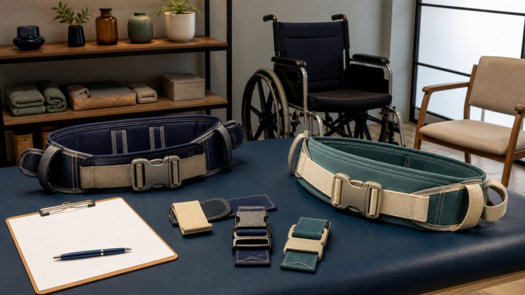 People-free editorial still life illustrating care plan belt placement buckle tension caregiver handhold coordinated weight shift assisted transfer destination stability and reassessment