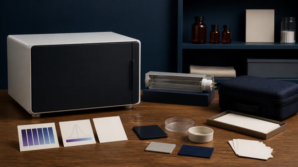People-free editorial still life illustrating UV source wavelength irradiance distance exposure time delivered dose microbial susceptibility shadowing enclosure and validation