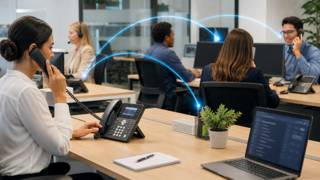 Editorial business scene illustrating virtual pbx systems work