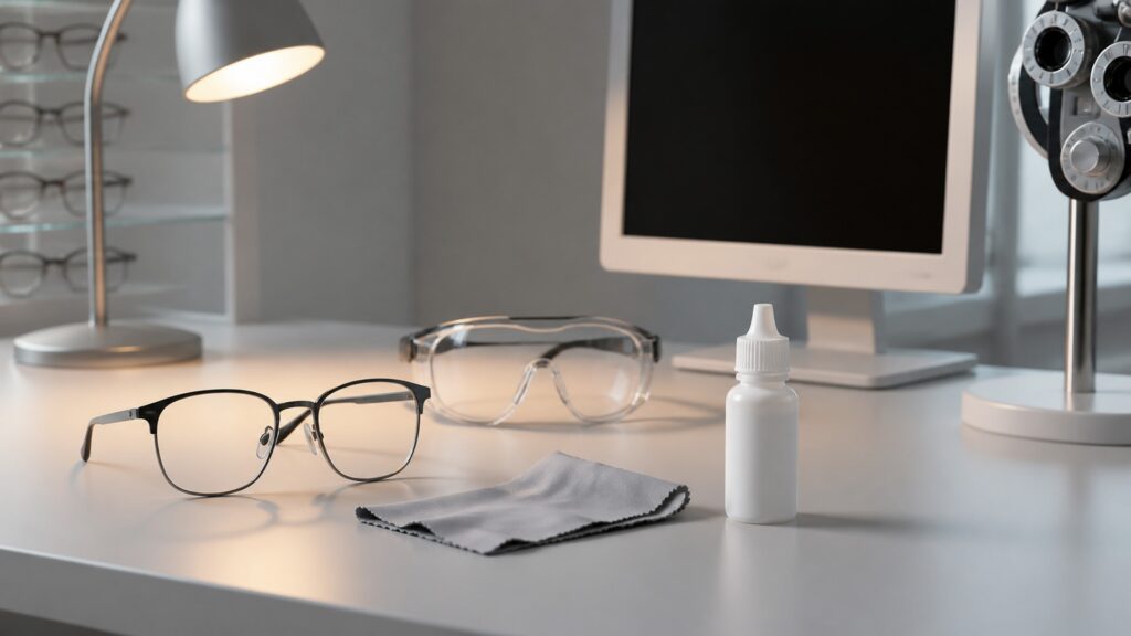 People-free editorial still life illustrating vision care products