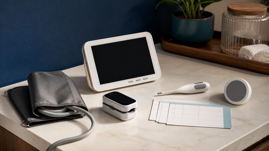 People-free editorial still life illustrating physiologic signal sensor placement stabilization display and escalation pathway