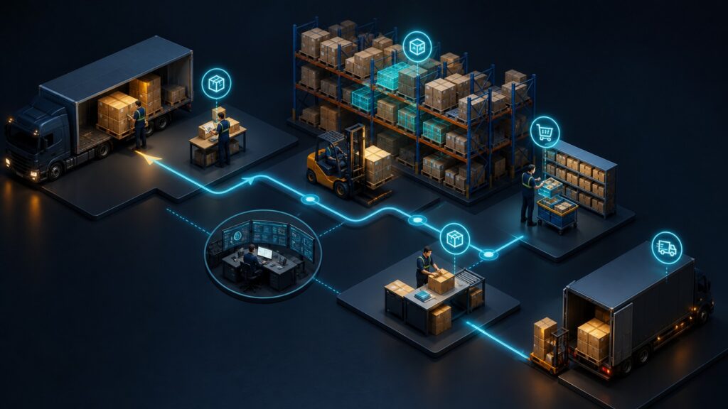 Editorial business scene illustrating warehouse inventory software