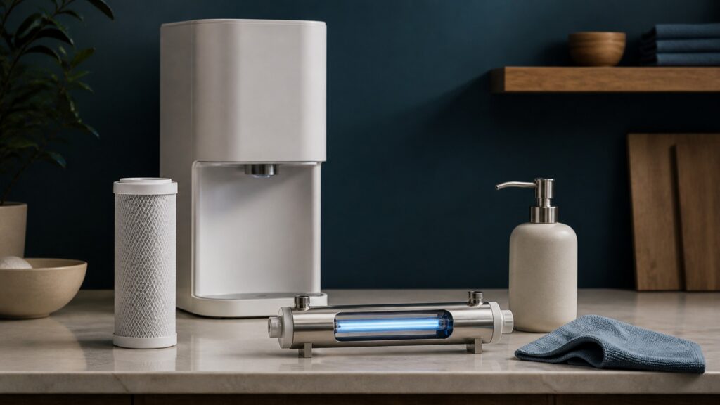 People-free editorial still life illustrating filtration treatment washing and sanitation pathways