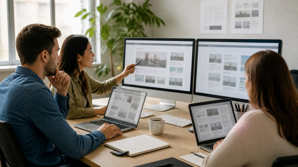Editorial business scene illustrating web design services work