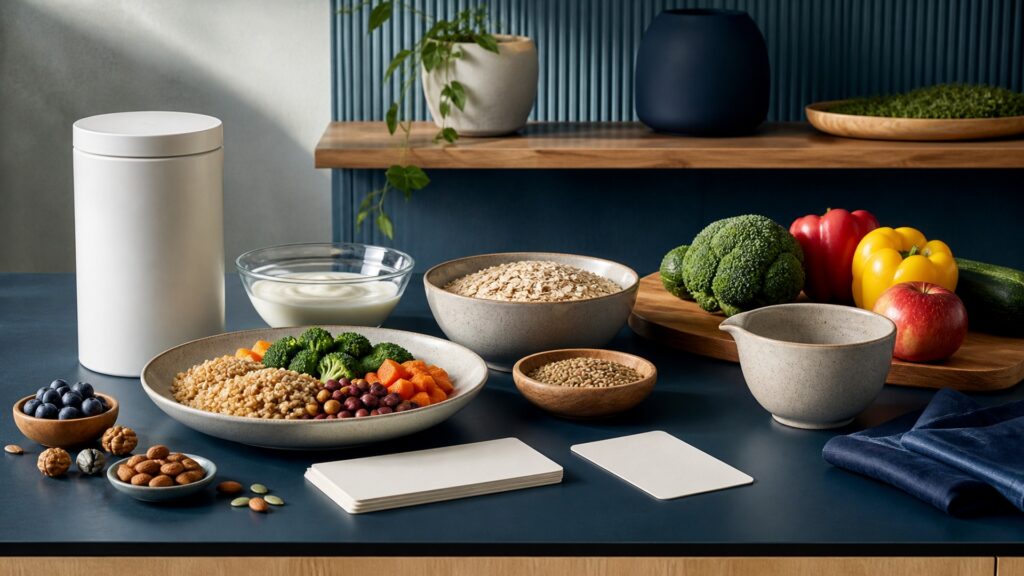 People-free editorial still life illustrating food composition energy intake appetite adherence and long-term trend pathway