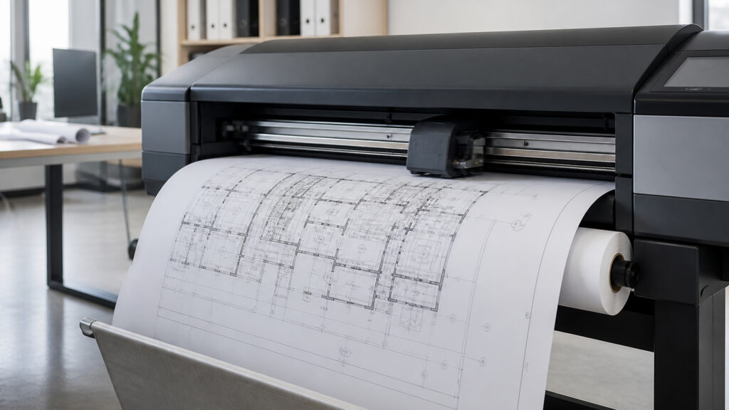 Editorial business scene illustrating wide format office printers work