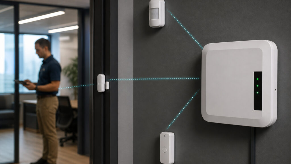 Editorial business scene illustrating wireless business alarm systems work