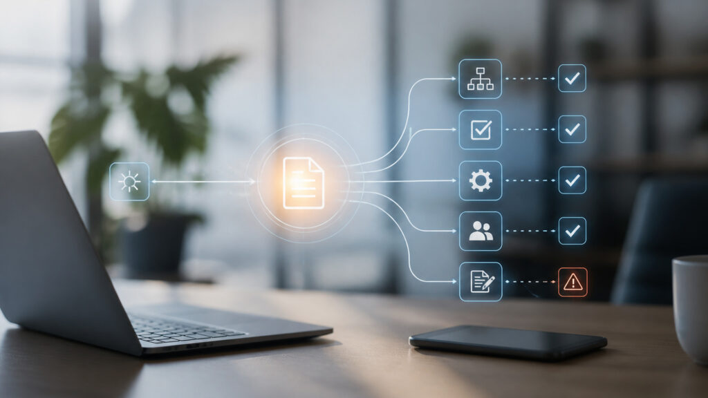 Editorial business scene illustrating workflow automation software