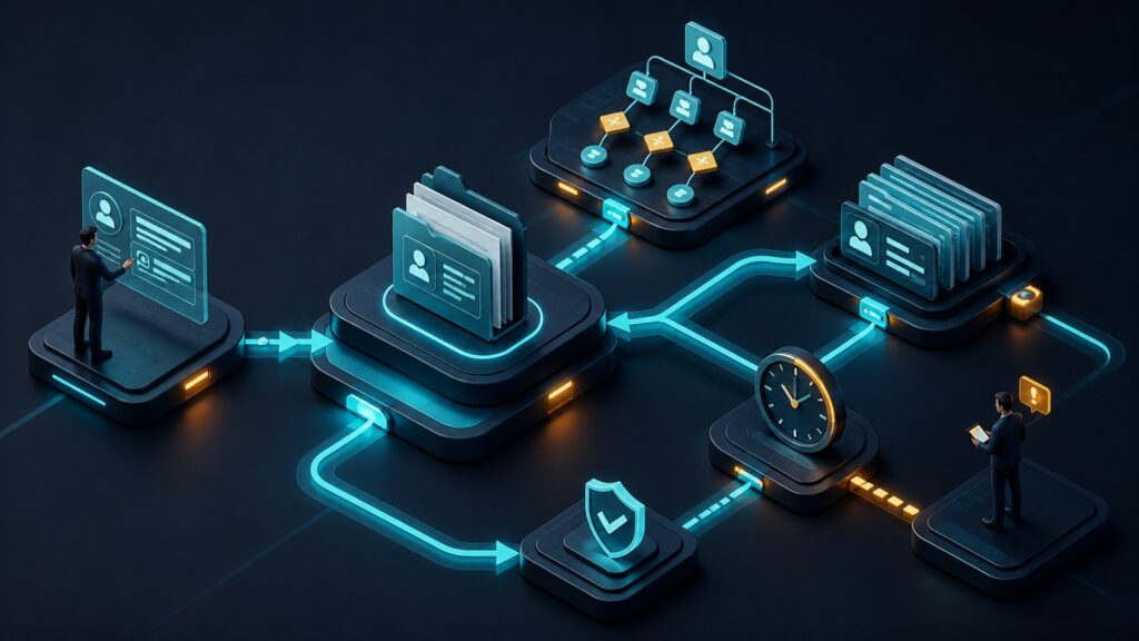 Editorial business scene illustrating workflow management systems work
