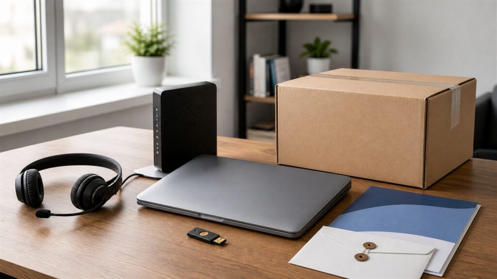 unbranded HR operations workspace with blank employee lifecycle board, locked document tray, time clock, benefits folders, onboarding checklist cards, and secure laptop for a remote staff buying decision