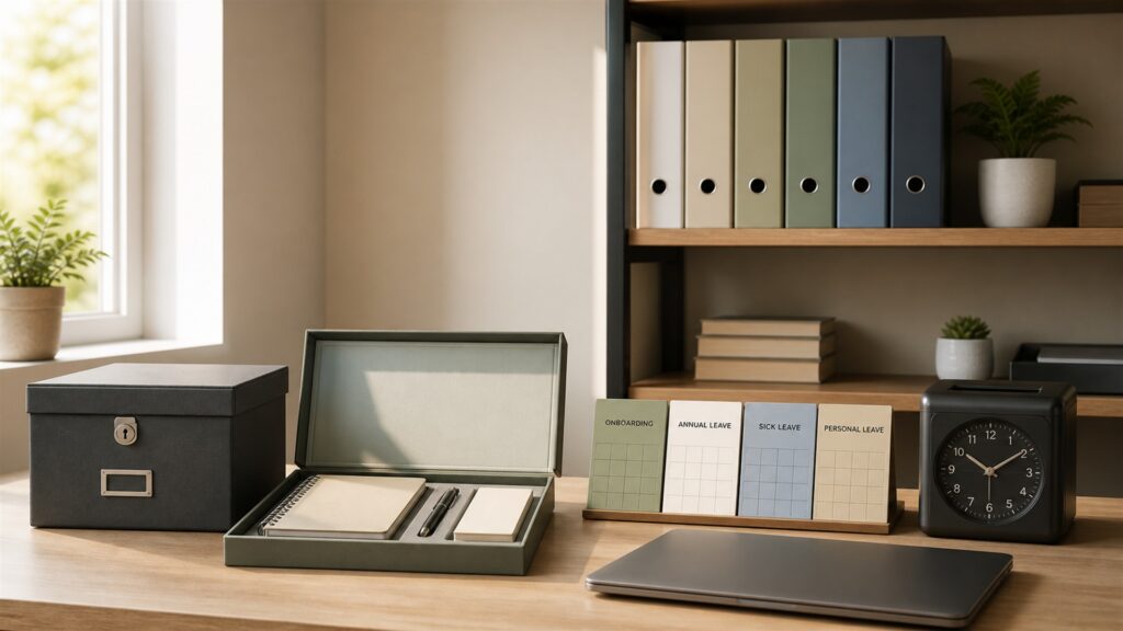 unbranded HR operations workspace with blank employee lifecycle board, locked document tray, time clock, benefits folders, onboarding checklist cards, and secure laptop for a small teams buying decision