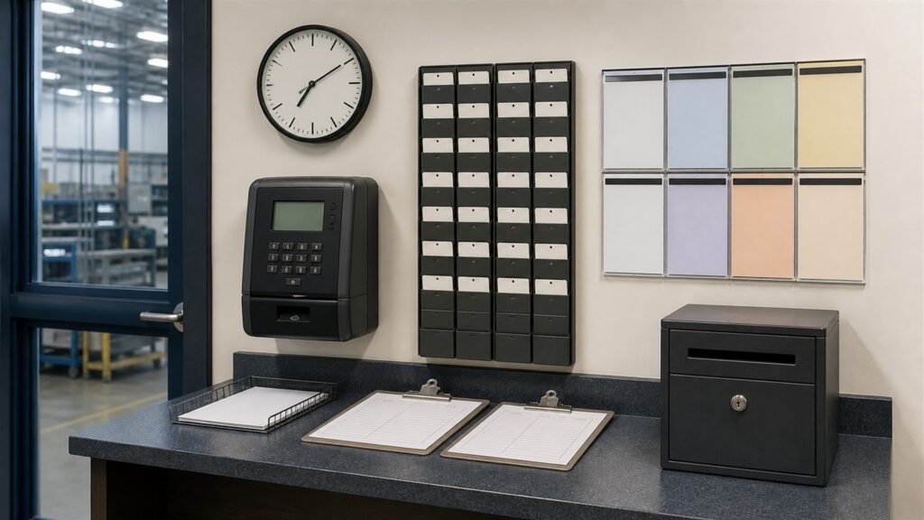 unbranded HR operations workspace with blank employee lifecycle board, locked document tray, time clock, benefits folders, onboarding checklist cards, and secure laptop for a timekeeping buying decision