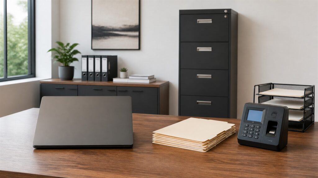 unbranded HR operations workspace with blank employee lifecycle board, locked document tray, time clock, benefits folders, onboarding checklist cards, and secure laptop for a general selection buying decision
