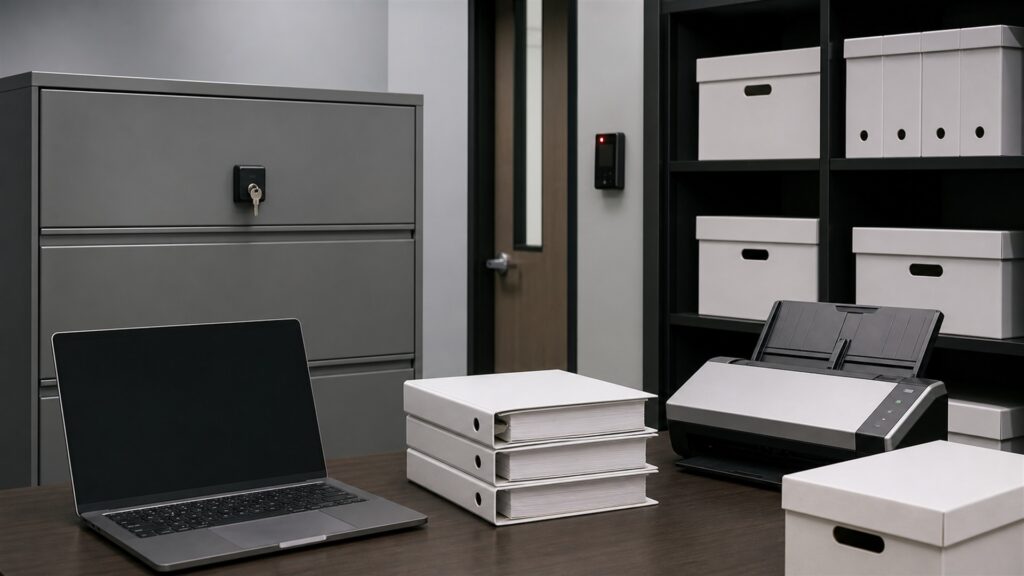 unbranded HR operations desk with organized employee folders, blank laptop screen, secure document tray, headset, and onboarding materials for a compliance needs buying decision