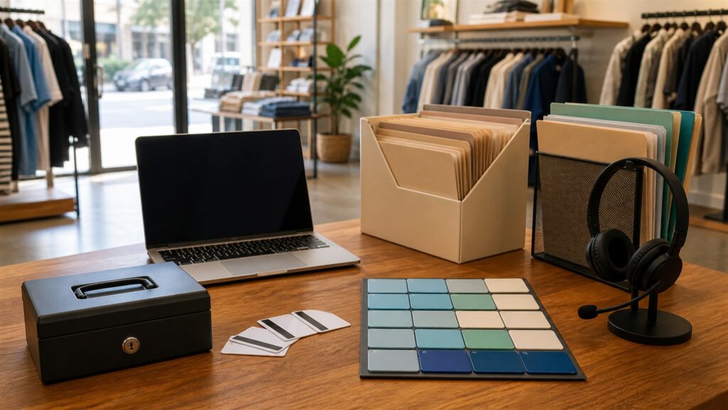 unbranded HR operations desk with organized employee folders, blank laptop screen, secure document tray, headset, and onboarding materials for a local businesses buying decision