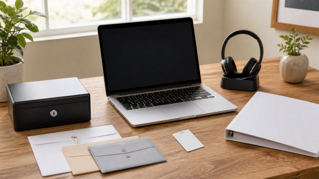 unbranded HR operations desk with organized employee folders, blank laptop screen, secure document tray, headset, and onboarding materials for a small businesses buying decision