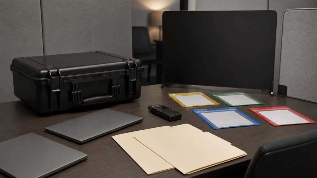 unbranded HR operations desk with organized employee folders, blank laptop screen, secure document tray, headset, and onboarding materials for a specialized projects buying decision