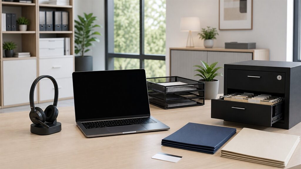 unbranded HR operations desk with organized employee folders, blank laptop screen, secure document tray, headset, and onboarding materials for a general selection buying decision