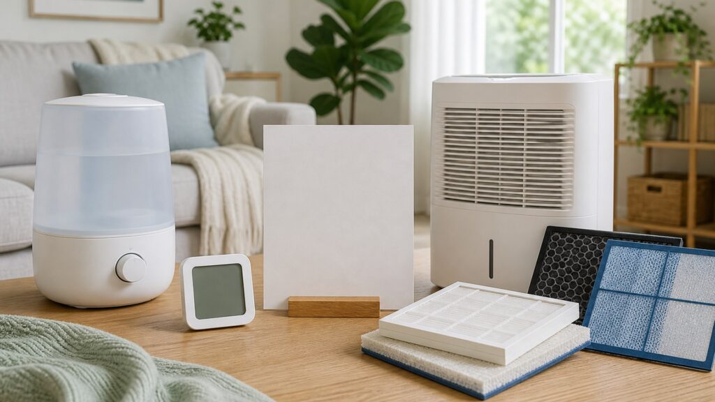 Unbranded humidity & allergen control products arranged for a careful buying comparison