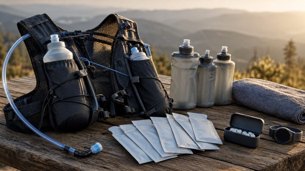 hydration and fueling gear for endurance athletes arranged in a practical buyer guide scene