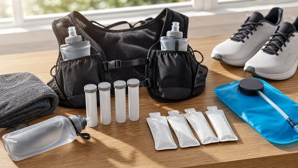 hydration and fueling gear for overall use arranged in a practical buyer guide scene