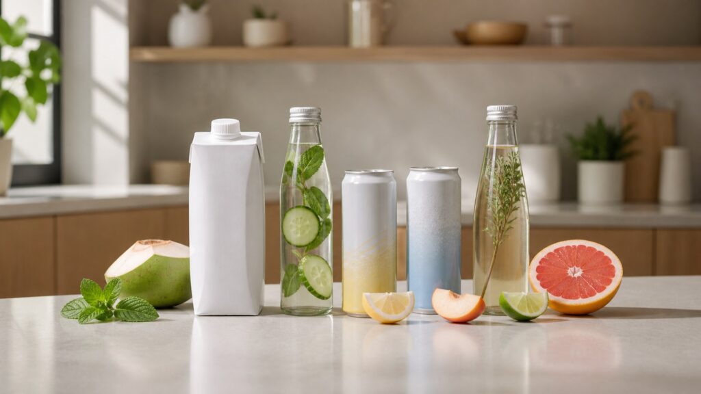 Unbranded hydration & functional drinks products arranged for a careful buying comparison