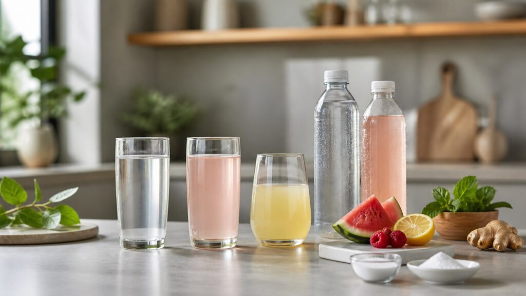 Unbranded hydration & functional drinks products arranged for a careful buying comparison