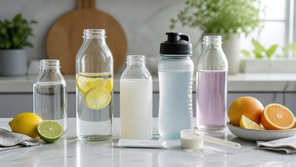 Unbranded hydration & functional drinks products arranged for a careful buying comparison