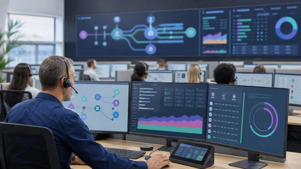 an inbound contact center supervisor managing caller intent menus, queue wait, callback, agent skills, and surge routing on abstract operational displays