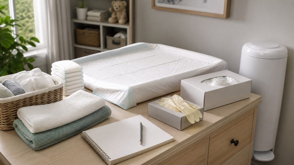 generic incontinence and hygiene care products with folded pads, wipes, gloves, waterproof mat, storage basket, and notebook