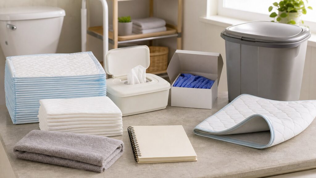 generic incontinence and hygiene care products with folded pads, wipes, gloves, waterproof mat, storage basket, and notebook